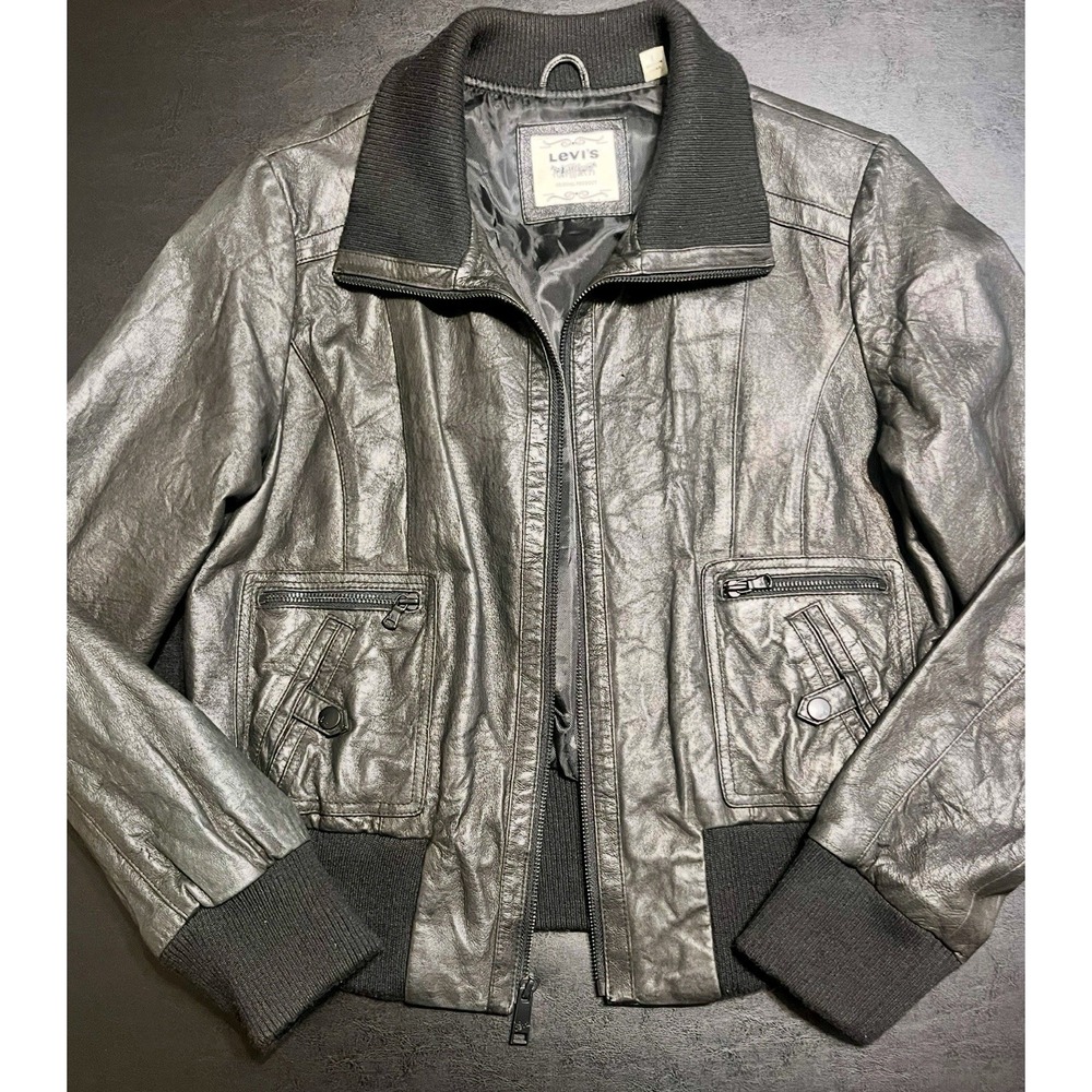 Levis Womens Metallic Charcoal Grey Faux Leather Bomber Moto Jacket Large